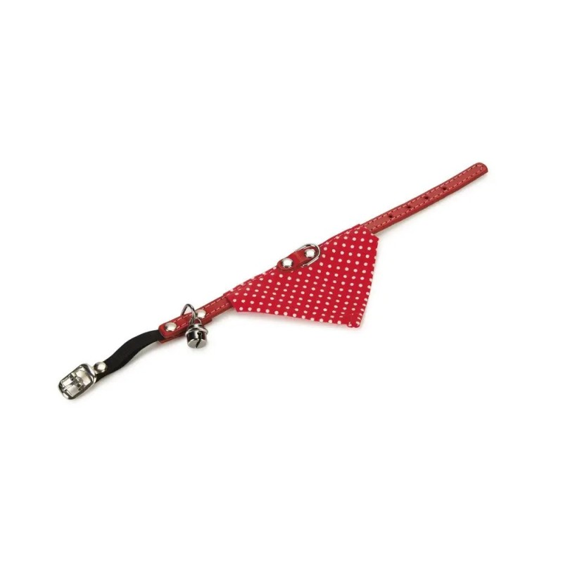 Kattenhalsband leer met bel en doek rood 32x1x0,2 cm