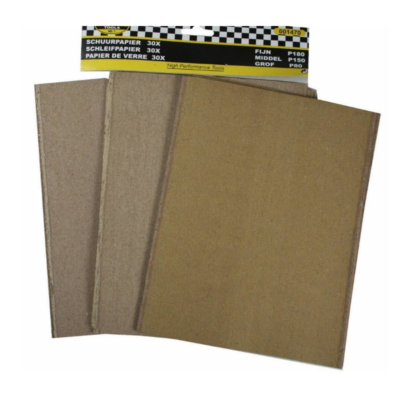 Set schuurpapier droog Fijn / Middel / Grof 30 vel