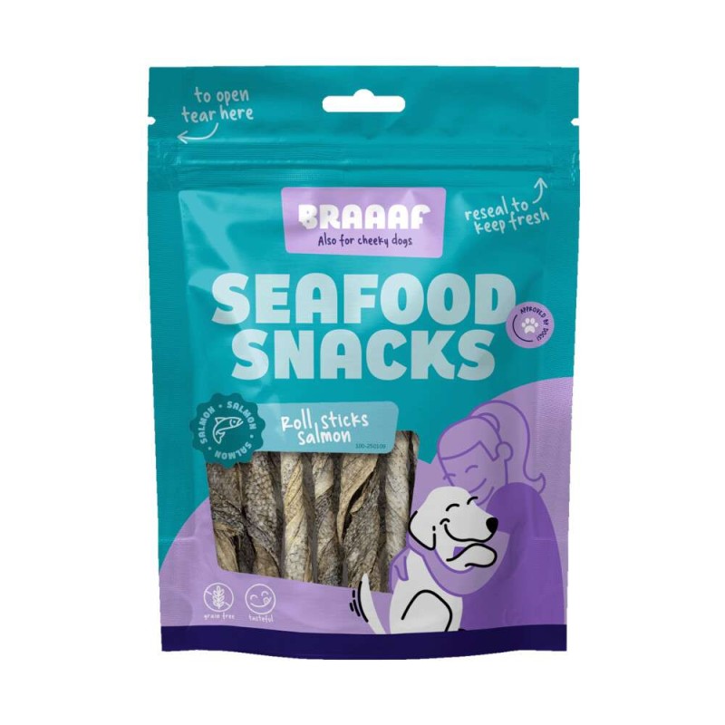 Braaaf seafood hondensnack zalm roll sticks 70 gram