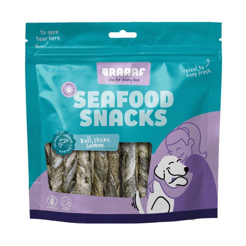 Braaaf hondensnack seafood zalm roll sticks 12 cm 175 gram