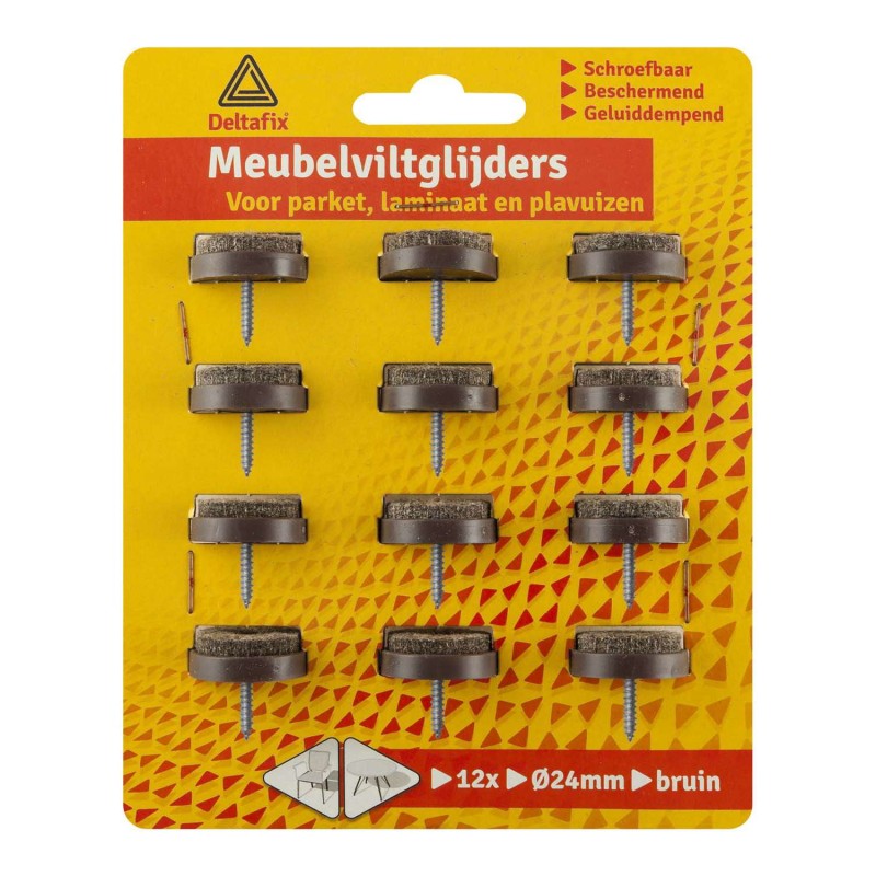 Meubelglijder vilt grijs met schroef houder bruin 24 mm 12 stuks