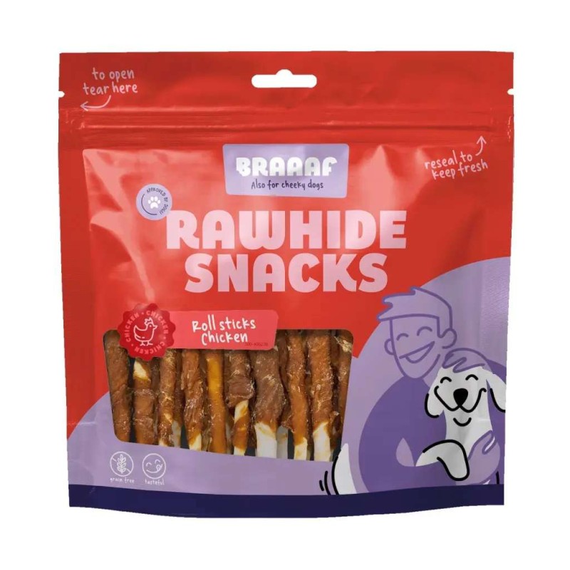 Braaaf hondensnack rawhide roll sticks kip 30 stuks