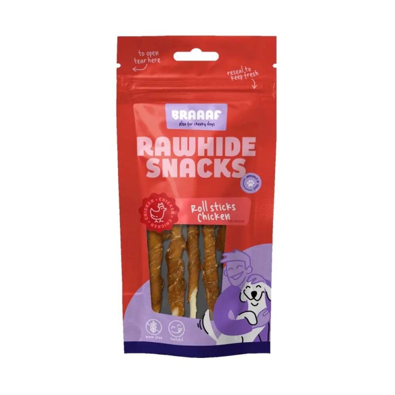 Braaaf hondensnack rawhide roll sticks kip 8 stuks