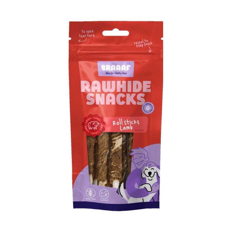 Braaaf hondensnack rawhide roll sticks lam en vis 8 stuks