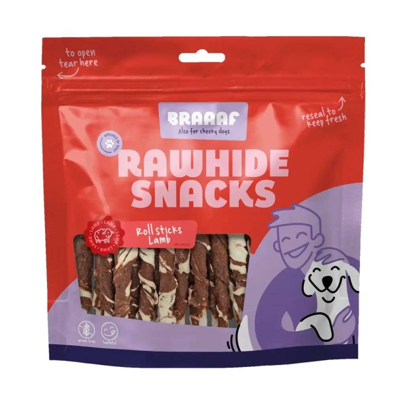 Braaaf hondensnack rawhide roll sticks lam en vis 25 stuks